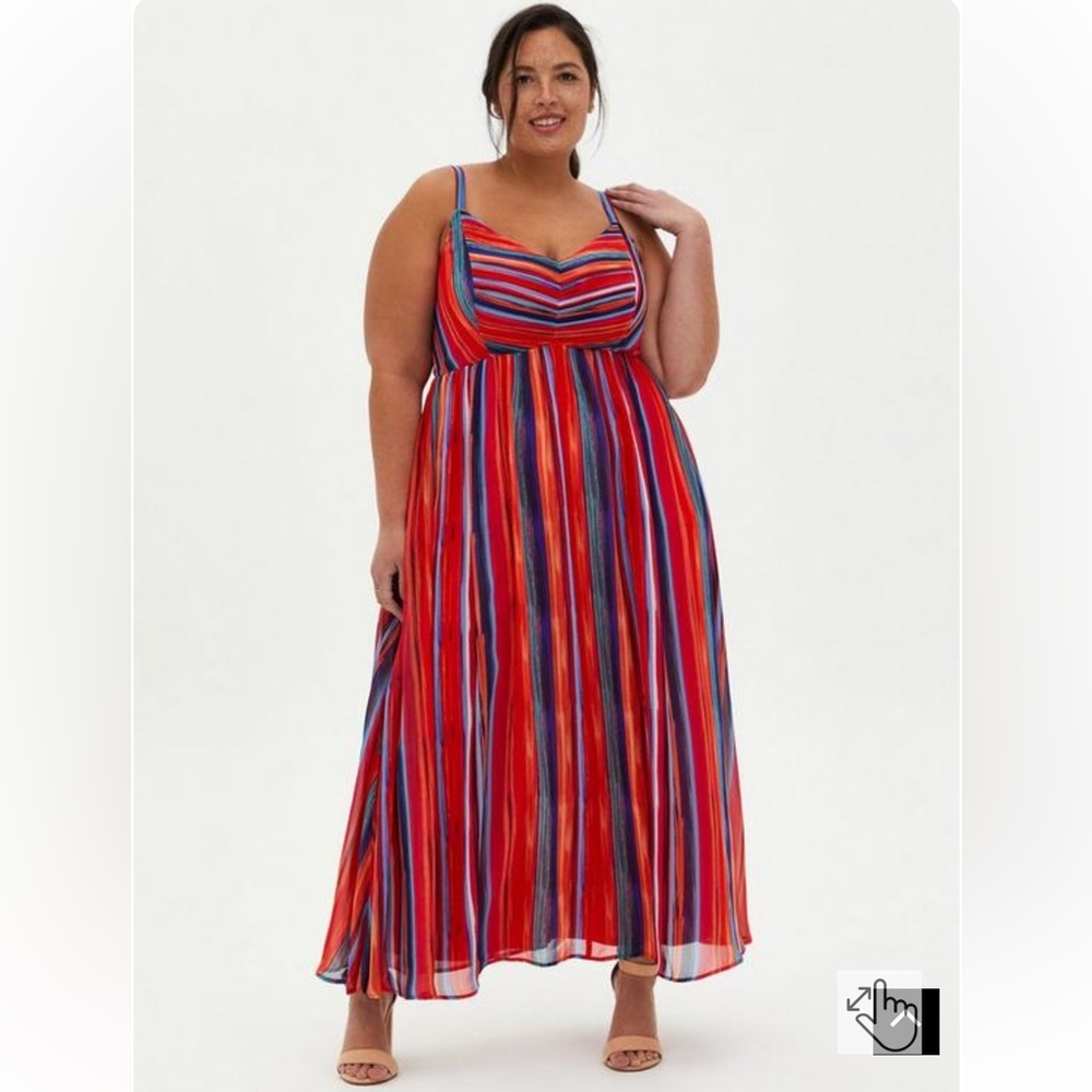 NWOT Maxi Dress, Multicolor Stripe Pleated Chiffon with Straps, Torrid Size 00